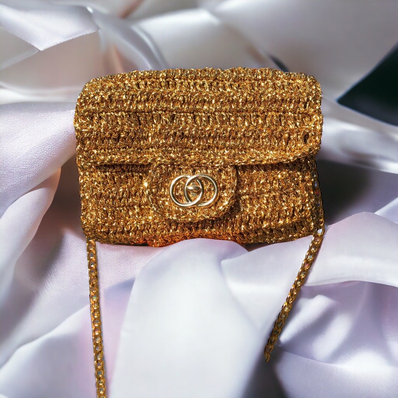 Crochet Gold Raffia Crossbody Clutch Bag, Knitted Metallic Wedding Purse For Women, Luxury Evening Summer Bag, Gold Bridal Clutch Bag zdjęcie 2