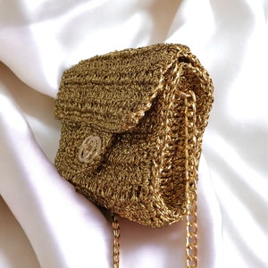 Crochet Gold Raffia Crossbody Clutch Bag, Knitted Metallic Wedding Purse For Women, Luxury Evening Summer Bag, Gold Bridal Clutch Bag zdjęcie 7