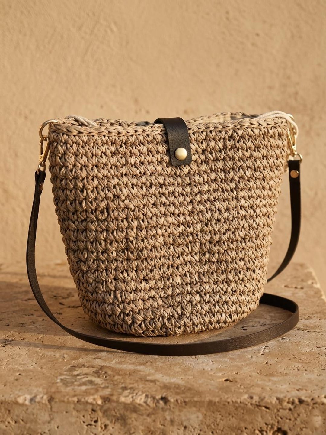 Crochet Mink Raffia Crossbody Bag, Summer Straw Tote Bag, Small