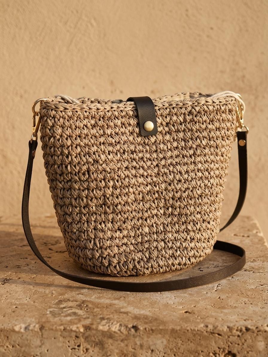 handmade＊no.217 Crochet Mink Raffia Crossbody Bag, Summer Straw