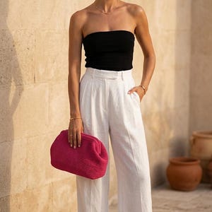 Raffia Fuchsia Clutch Bag, Natural Summer Handbag, Straw Summer Pouch Clutch Bag image 9