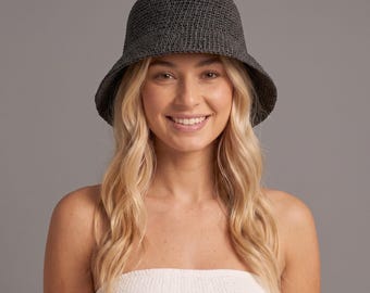 Black Crochet Raffia Bucket Hat: Handmade Woven Beach Hat