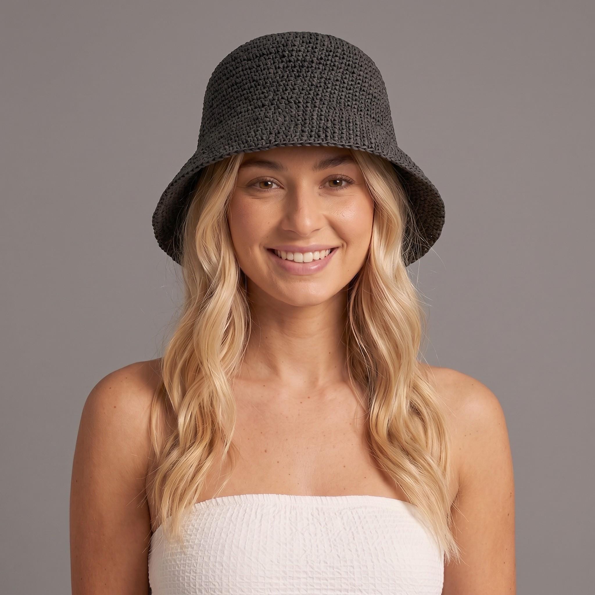 Black Crochet Raffia Bucket Hat: Handmade Woven Beach Hat - Etsy