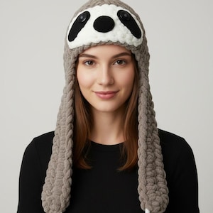 Può includere: Un cappello da bradipo lavorato a maglia grigio con lunghe orecchie e artigli bianchi. Il cappello presenta un viso bianco con occhi neri a bottone e un naso nero. Il cappello è indossato da una persona che indossa una maglietta nera.