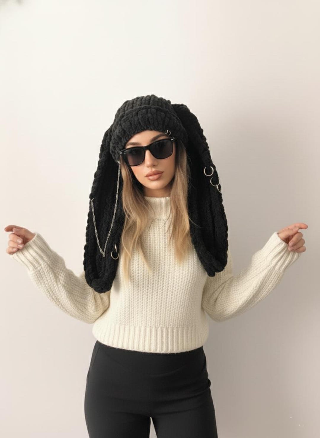 Knitted Bunny Beanie, Beanie With Long Ears, Bunny Ears Winter Hat