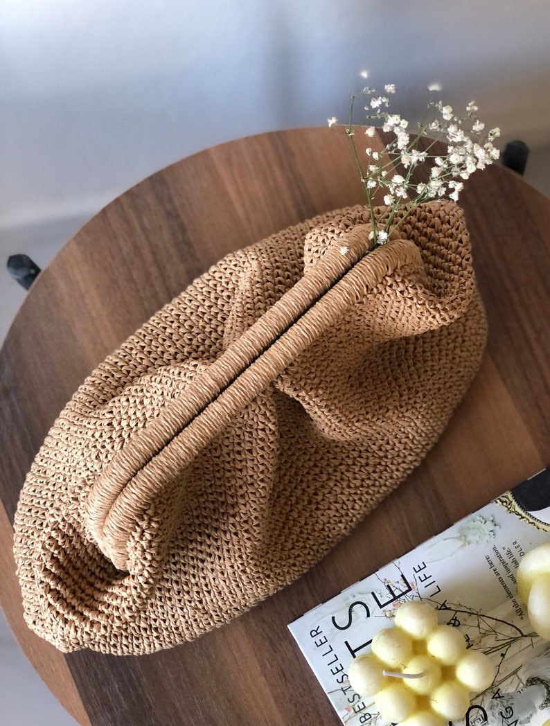 Handmade Raffia Pouch Clutch Bag For Women, White Wedding Purse, Bridal Party Clutch Bag, Straw Beach Bag, Raffia Clutch Bag Camel