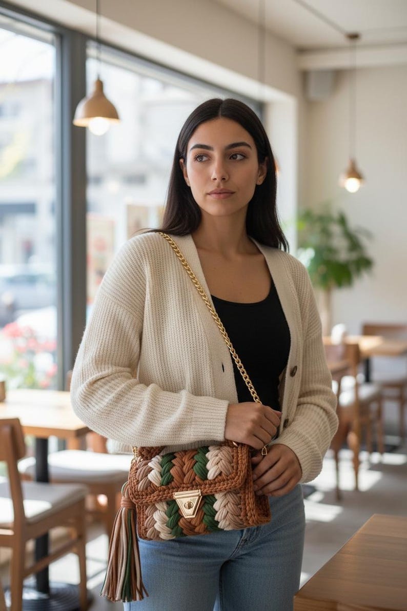 Crochet Shoulder Bag: Knitted Multi Color Cotton Designer Bag image 12
