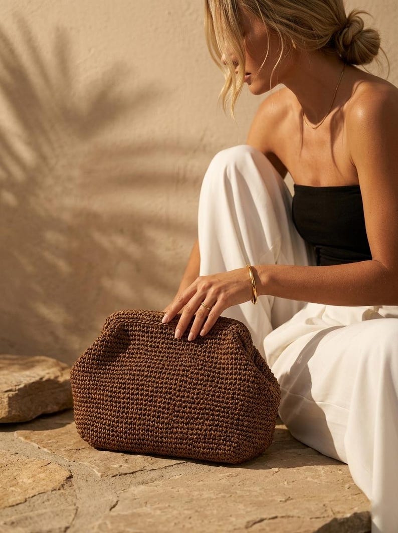 Bolso de mano de rafia de ganchillo, bolso de verano tejido natural, bolso de mano tipo cartera de rafia de paja tejida Marrón