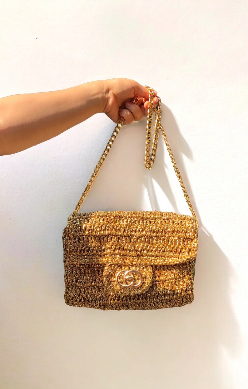 Crochet Gold Raffia Crossbody Clutch Bag, Knitted Metallic Wedding Purse For Women, Luxury Evening Summer Bag, Gold Bridal Clutch Bag zdjęcie 4