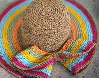 Handmade Crochet Rainbow Hat, Woven Floppy Hat, Straw Bow Hat, Knitted Beach Hat, Summer Sun Hat, Beach Floppy Hat, Raffia Straw Hat