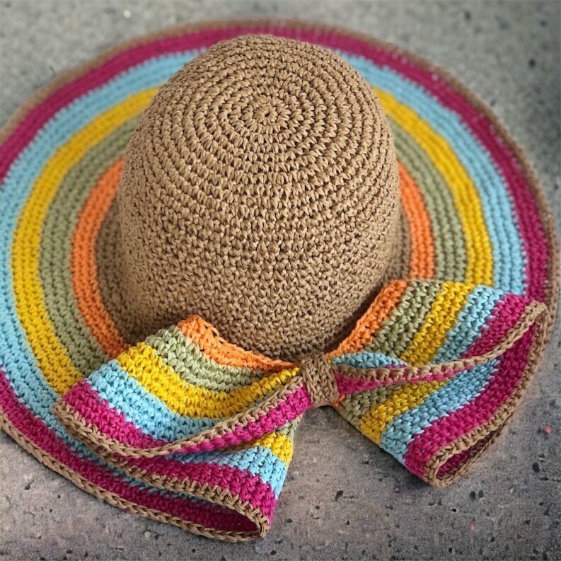Handmade Crochet Rainbow Hat, Woven Floppy Hat, Straw Bow  display picture 1