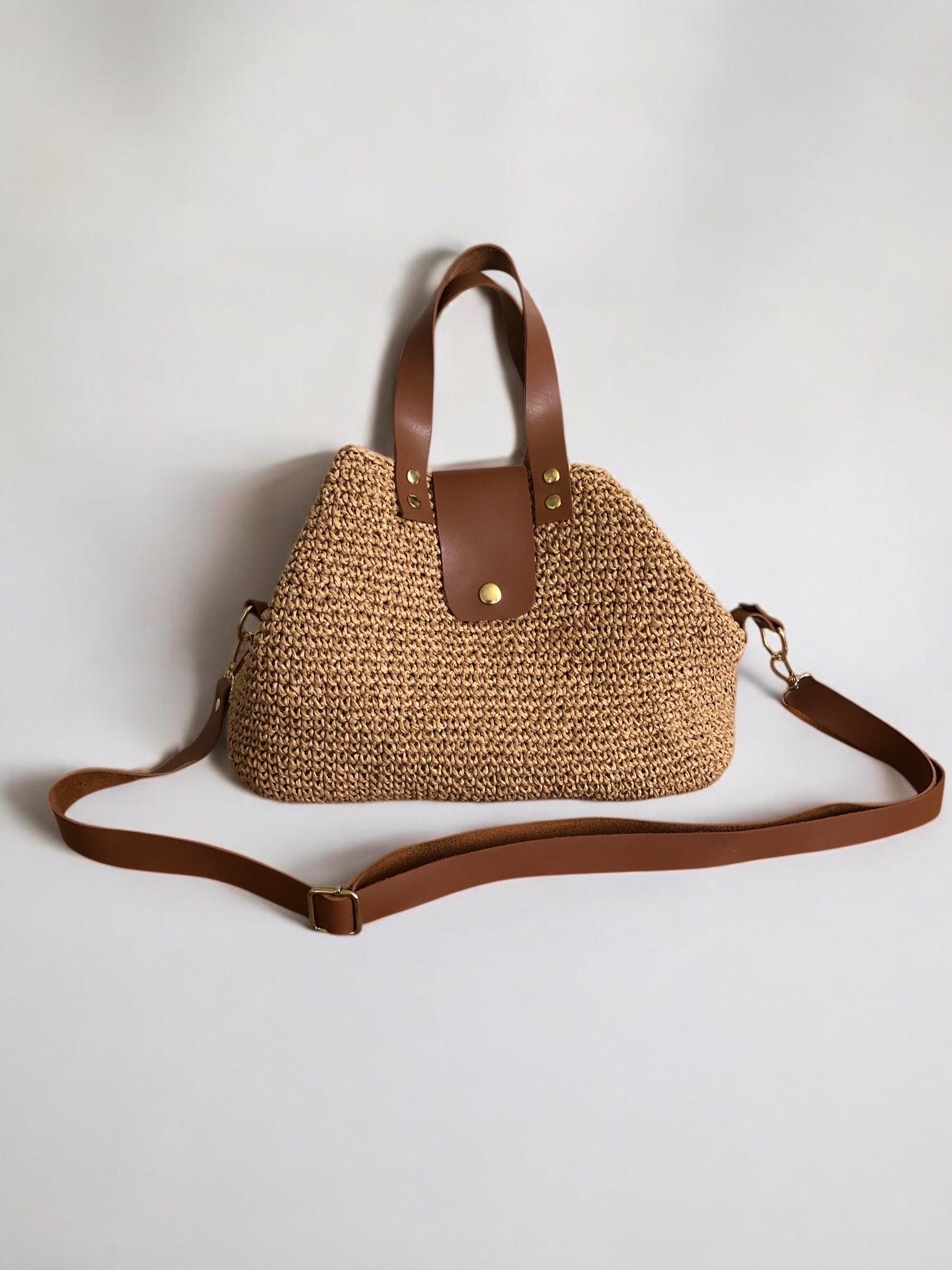 Small Raffia Cross Body Crochet Raffia Crossbody Bag, Summer Leather Tote Bag for Women, Small ...