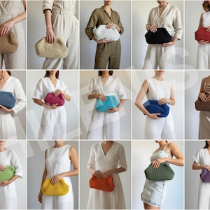 May include: A collection of fifteen clutch bags in various colors including tan, beige, white, black, red, blue, magenta, turquoise, brown, green, yellow, orange, and purple. Each clutch features a soft, rounded, pouch-like shape with a frame closure.