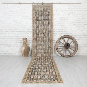 3x12 Vintage Turkish Runner Rug, Beige Black Wool Hallway Carpet, 1970s Hand Knotted Anatolian Distressed Long Rug, 2'7"x11'8" feet.