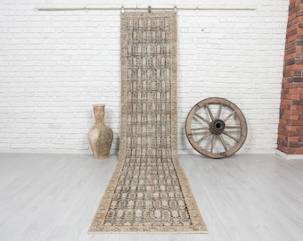 3x12 Vintage Turkish Runner Rug, Beige Black Wool Hallway Carpet, 1970s Hand Knotted Anatolian Distressed Long Rug, 2'7"x11'8" feet.