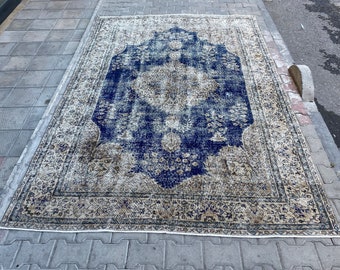 6 x 10 blauwbeige medaillon neutraal tapijt, vintage Turks wollen tapijt, handgeweven Anatolisch vloerkleed. 6'6"x9'9" voet