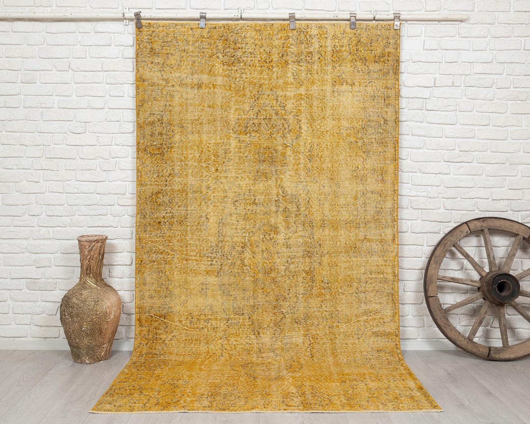 Vintage Overdyed Turkish Wool Rug: 5x9 Yellow Anatolian Oushak Rug - Etsy