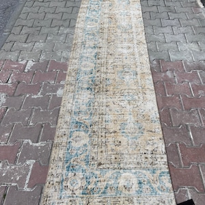 2&#39;3x10&#39;1 ft | Vintage Runner Rug | Ivory Runner Rug | Handmade Runner Rug | Kitchen Rug | Turkish Runner Rug | Oushak Runner Rug | Blue Rug