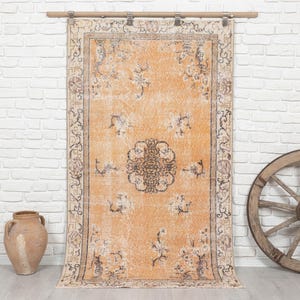 4x7 Vintage Rug, Orange Rug, Turkish Wool Rug, Anatolian Rug, Faded Rug, Antique Handmade Rug, Kitchen Rug, Oushak Rug, 3&#39;8x6&#39;6 feet