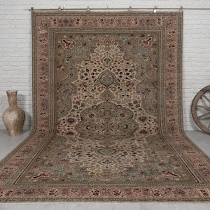 8x12 Vintage Handmade Rug - Beige & Brown Wool Anatolian Rug - Turkish Living Room Carpet.
