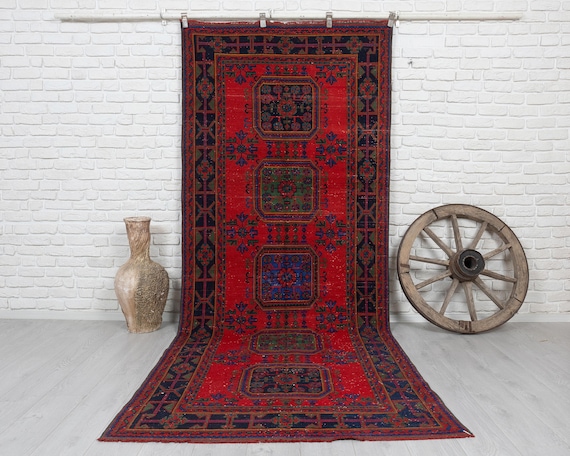 4x11 Red Vintage Turkish Runner Rug, Handmade Wool Anatolian Carpet, Tribal Hallway Runner, Geometric Wool Rug, 1970s ( 4'6"x11" feet.