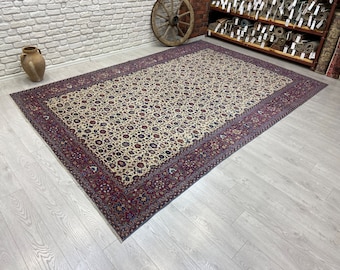 8x12 ft - Vintage Handwoven Turkish Wool Beige & Blue Anatolian Oushak Rug