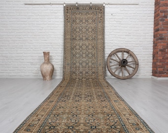 4x17 Rustic Brown Oushak Runner - Handwoven Vintage Wool Floor Decor - 3'6x16'9 feet.