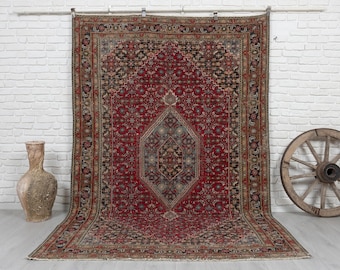 6x9 Handmade Vintage Turkish Rug, Red Anatolian Wool Carpet, Hand Knotted Area Rug, Oriental Home Decor, 1970s Unique Rug