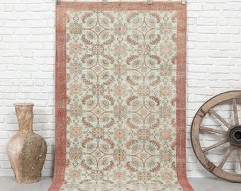 Alfombra vintage de 4x7, alfombra turca tejida a mano color beige, alfombra Oushak de tonos neutros, alfombra anatolia de tonos suaves.