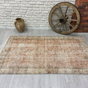 4x7 Vintage Rug - Orange Turkish Area Rug - Antique Handmade Rug - Oushak Rug - Faded Rug - Medium Rug - Bedroom Rug - Handwoven Wool Rug