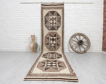 3x12 1970s Vintage Turkish Runner Rug, Beige Brown Wool Hallway Carpet, Hand Knotted Anatolian Runner, Geometric Design. 3'1x12'5 feet