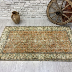 4x7 Vintage Rug - Orange Turkish Area Rug - Antique Handmade Rug - Oushak Rug - Faded Rug - Medium Rug - Bedroom Rug - Handwoven Wool Rug