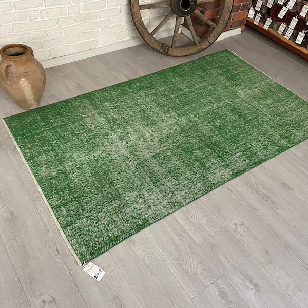 Vintage Green Turkish Rug: 4x7 Handmade Wool Anatolian Rug