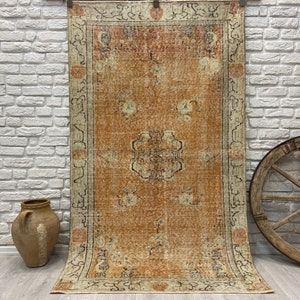 4x7 Vintage Rug - Orange Turkish Area Rug - Anatolian Rug - Antique Handmade Rug - Kitchen Rug - Oushak Rug - Decorative Rug - Entryway Rug