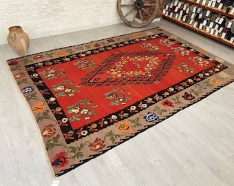 7x10 Vintage Kilim Rug - Red Turkish Kilim Rug - Handmade Kilim Rug - Custom Rugs - Special Design Carpet - Living Room Rug - Free Shipping.