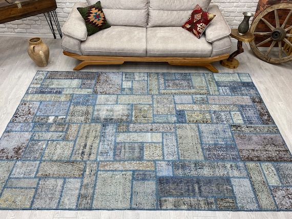 6'6" x 9'10" Feet / Handmade patchwork design rug / Decorative area blue rug / Oushak special design patchwork rug / 1960's / Free shipping