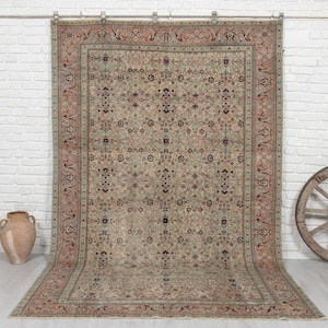 6x9 Vintage Rug, Beige Wool Rug, Turkish Area Rug, Bedroom Rug, Oushak Rug, Neutral Rug, Anatolian Rug, Antique Handmade Rug, 6&#39;1x9&#39;5 feet