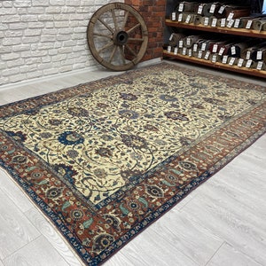 6&#39;6x9&#39;5 ft. / Vintage rug / Antique Handmade Oushak rug | Persian Pattern Area Rug | Turkish rug | Special Design | Beige Rug / Blue Rug