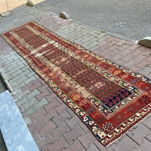 Persian Runner Rug / 3&#39;5x14&#39;9 ft. / Malayer Runner Rug / Antique Handmade / Vintage Runner Rug / Red Runner Rug / 1945&#39;s / Distressed Runner