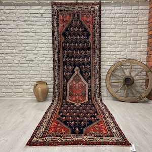 3x12 Persian Runner Rug - Navyblue Runner Rug - Vintage Runner Rug - Entryway Rug - Oriental Runner Rug - Handmade Runner Rug - 3&#39;1x11&#39;7 ft.