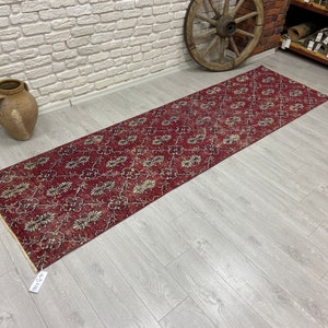3x9 Vintage Runner Rug - Red Turkish Runner Rug - Hallway Rug - Antique Runner Rug - Handmade Runner Rug - kitchen Rug - 2&#39;8&quot;x9&#39;6&quot; feet.
