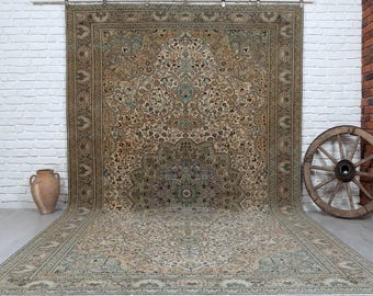 Vintage Handmade Turkish Oushak Rug 8x12 ft - Brown Wool Anatolian Carpet.