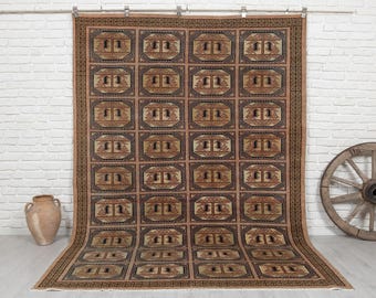 6x9 Vintage Rug, Brown, Green Rug, Turkish Area Rug, Bedroom Rug, Oushak Rug, Faded Rug, Special Design, Antique Handmade Rug, 6&#39;5x9&#39;4 feet