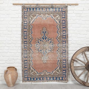 3x5 Vintage Rug, Antique Handmade Rug, Orange Turkish Rug, Anatolian Rug, Entryway Rug, Oushak Rug, Faded Rug, Distressed Rug, 3&#39;3&quot;x5&#39;4&quot; ft.