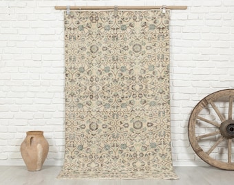100x200 Vintage Oushak Teppich: Beige Anatolischer Wollteppich
