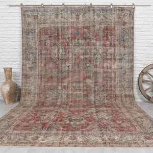 8x11 Handmade Vintage Wool Rug, Faded Red Oriental Area Carpet, Antique Oushak Living Room Rug, Farmhouse Decor. 7'9x11'5
