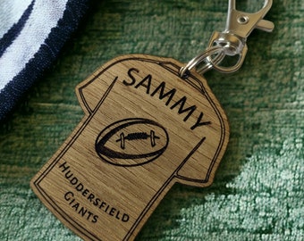 Personalised Rugby Shirt Keyrings: Team Coach Gift, Wood Veneer, 10-Pack