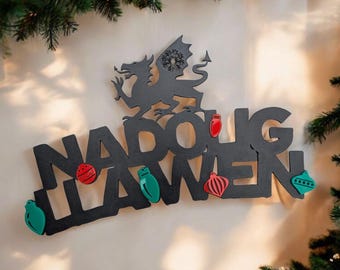 Nadolig Llawen Sign Welsh Merry Christmas Decor Dragon Wall Art