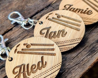 Personalised Cricket Ball Keychain: Engraved Wooden Name Tag, Sports Gift