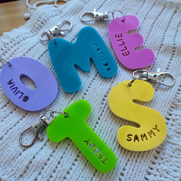 Personalised Acrylic Name Initial Keyring Keychain : Chunky Bubble Letter Bag Tag